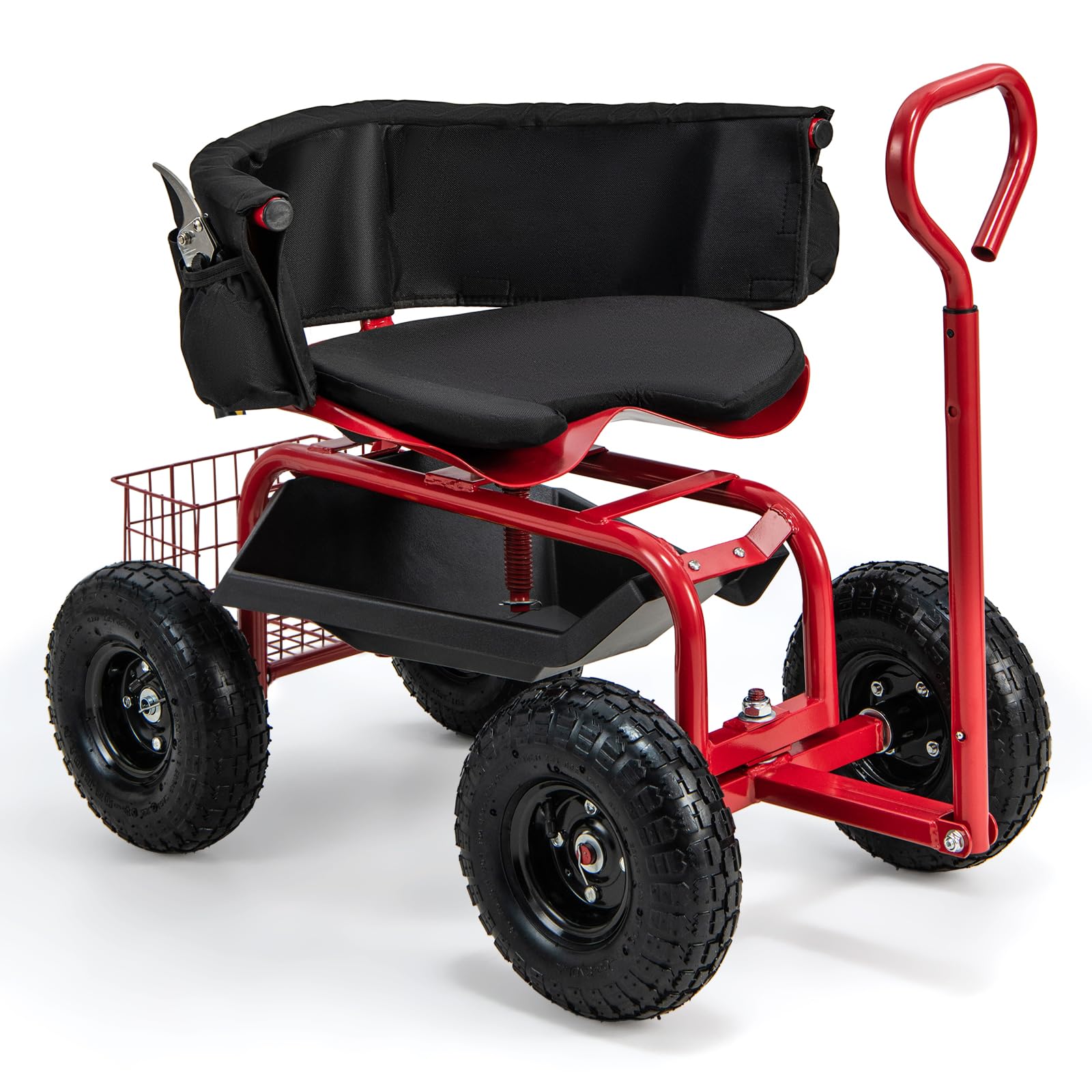 SOARS Rollsitz für Gartenarbeit, Gartensitz 360°drehbar, 60-69cm höhenverstellbar, Gartenwagen mit ausziehbarem Griff, Ablage & Korb, Arbeitssitz 135kg belastbar für Gartenarbeit & Autopflege