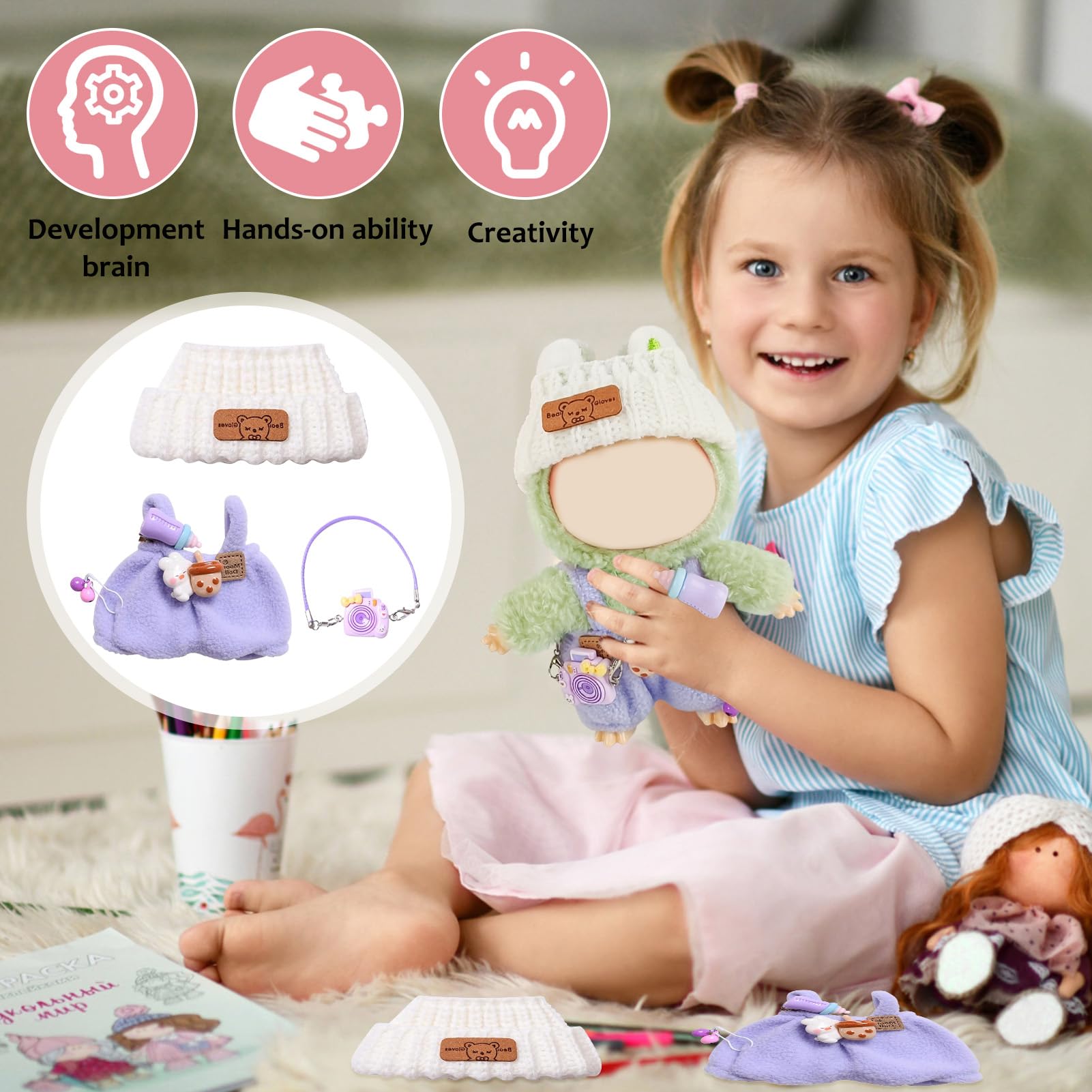 Vestiti per bambola da 15-17 cm, Vestiti per Bambole, Accessori per bambole, Vestiti per Peluche, con 1 cappello, 1 pagliaccetto, 1 zaino per fotocamera (Viola)