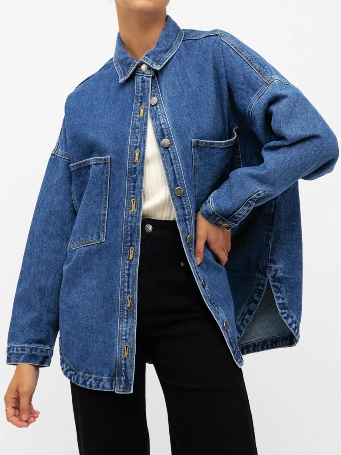 EMMIOL Women Denim Shirts Oversized Long Sleeve Button Down Blouse Distresse Jean Jacket Fall Outfits 2026 - Image 2