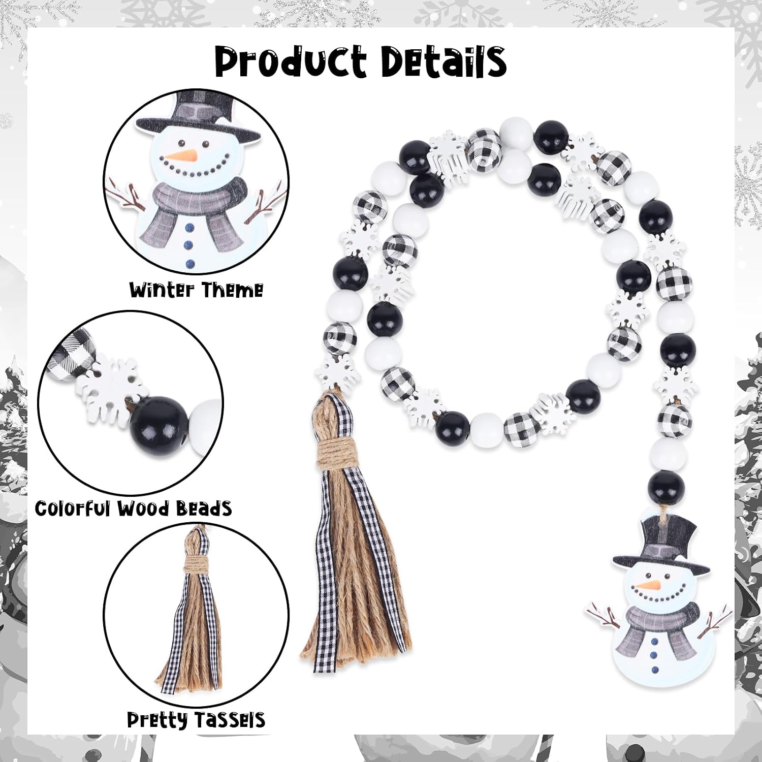 Winter Snowman Wood Bead Garland with Tassels Tiered Tray, Farmhouse Hanging Beads Ornament Wooden Snowflake Decoration, Boho Christmas Winter Holiday Snow Party Wall Home Rustic Decor