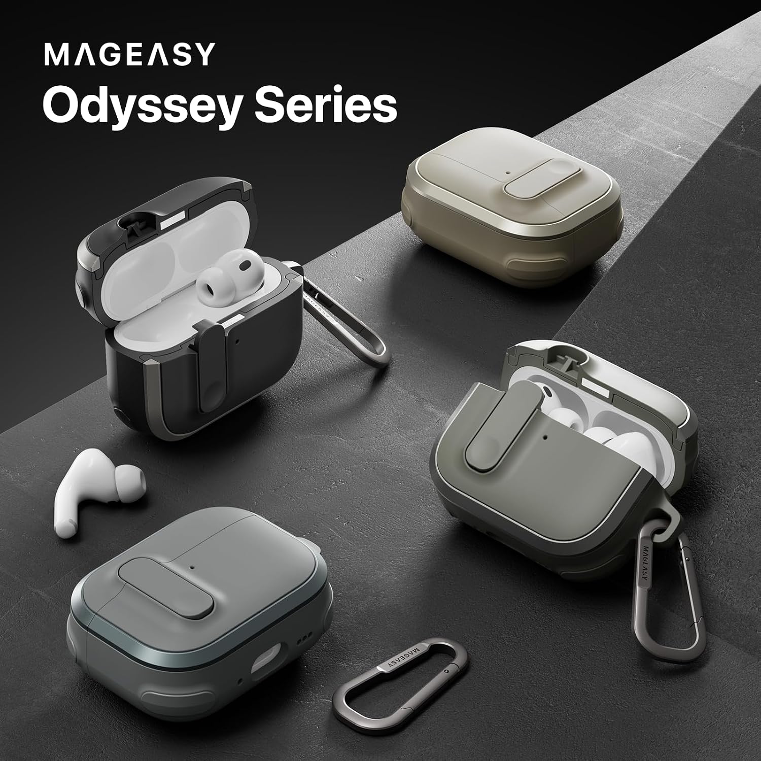 MAGEASY Odyssey AirPods Pro 3 Case (2025) Rugged Heavy Duty Protective Cover with Lock | Military-Grade Shockproof | MagSafe & Wireless Charging Compatible | Includes Carabiner Clips (Metal Black)