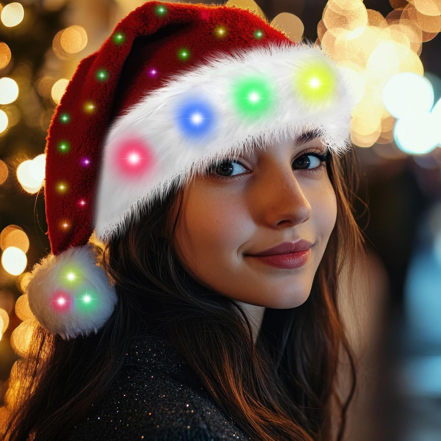 LED Santa Hat Light Up Christmas Hat Glow Lighted Santa Cap with Colorful Led Strip Light for Adults Xmas New Year Party Headwear
