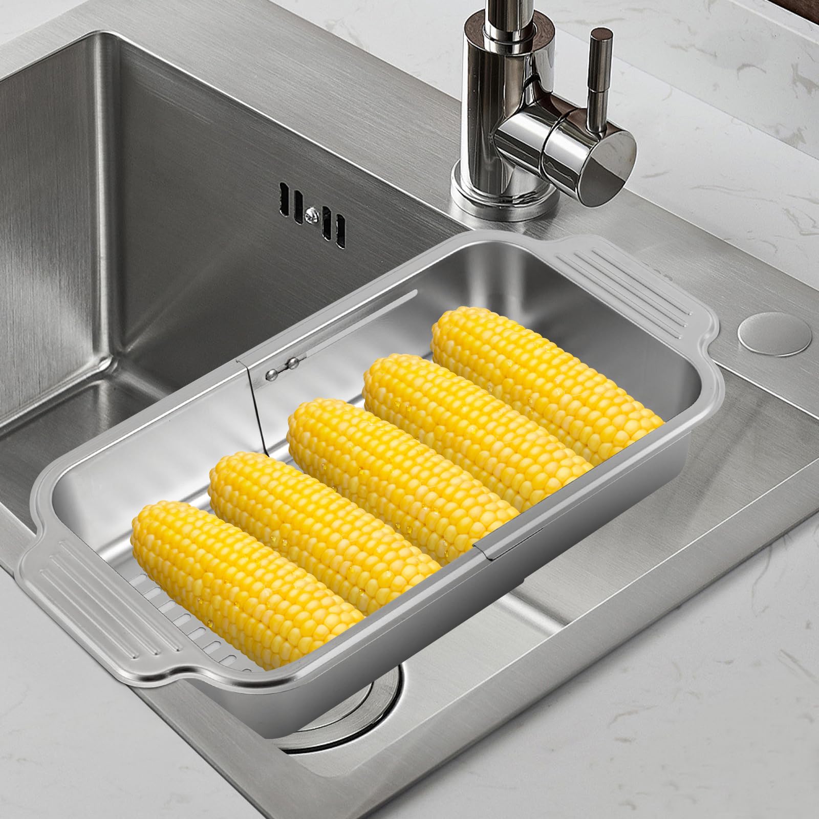 Spoelzeef, Uittrekbaar, Afdruiprek, Zeefmand Boven De Gootsteen Gekookte Pasta Groenten Wassen Voor Keukenzeef Wastafel Filterhouder Grijs 36 49 Cm