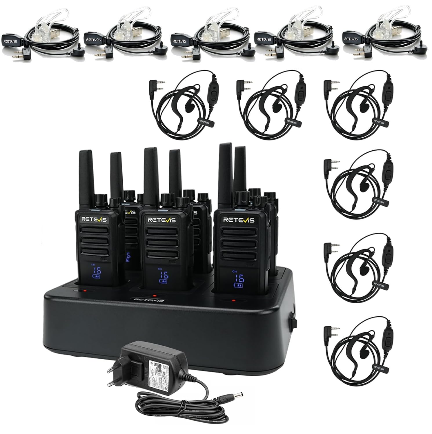 Retevis RT668H Walkie Talkie Bundle con Auricular Transparente 2 Pines con Micrófono PTT, con Pantalla y Cargador de 6 Vías, PMR446 Profesional, para Hospitalidad, Comercial (5 Pacs)