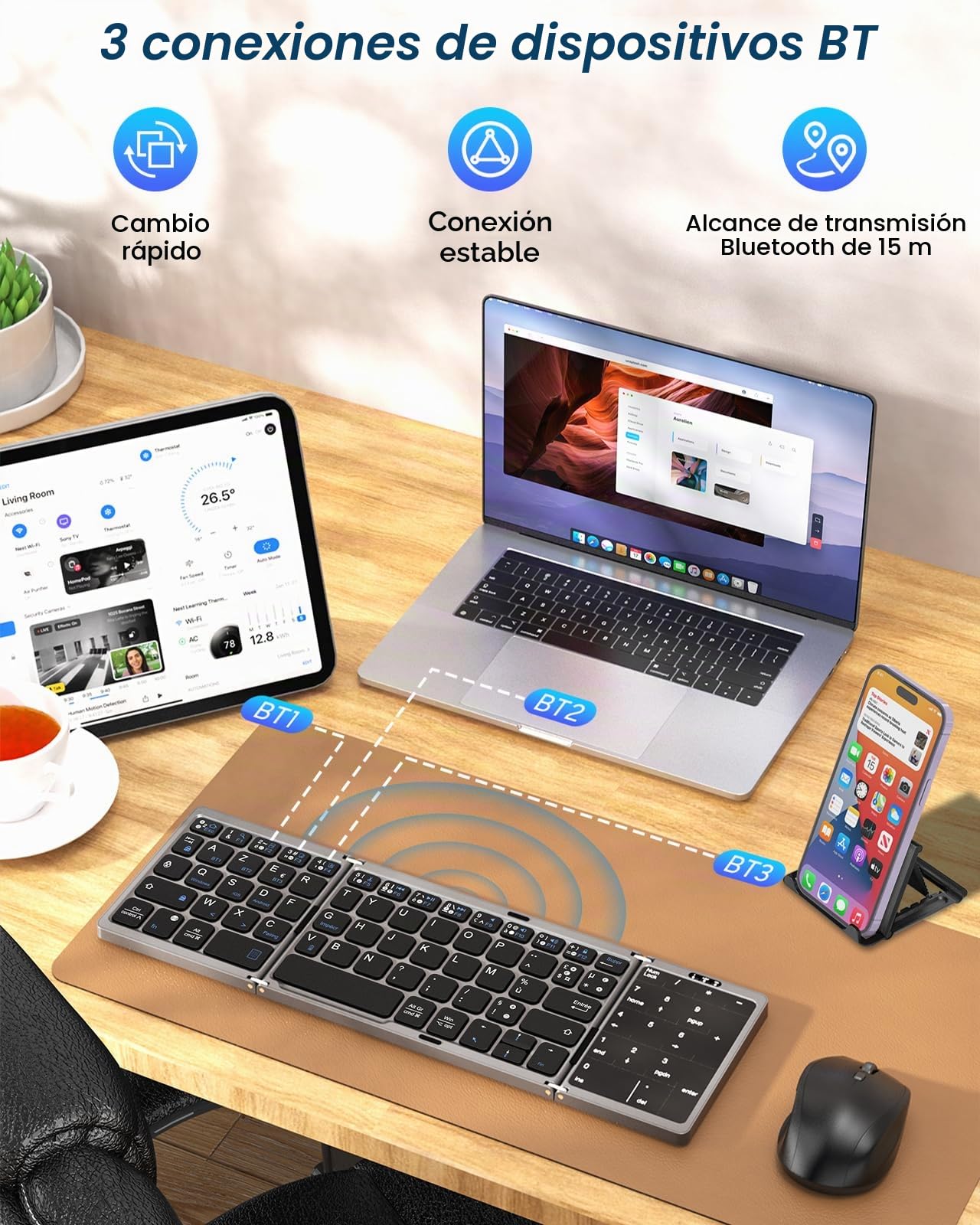 Teclado Bluetooth Plegable, Francés AZERTY, Teclado Portátil Inalámbrico | Plegable con Touchpad y Teclado Numérico, Teclado Recargable Multi Dispositivo para Windows, iOS, Android Tablet/Teléfono
