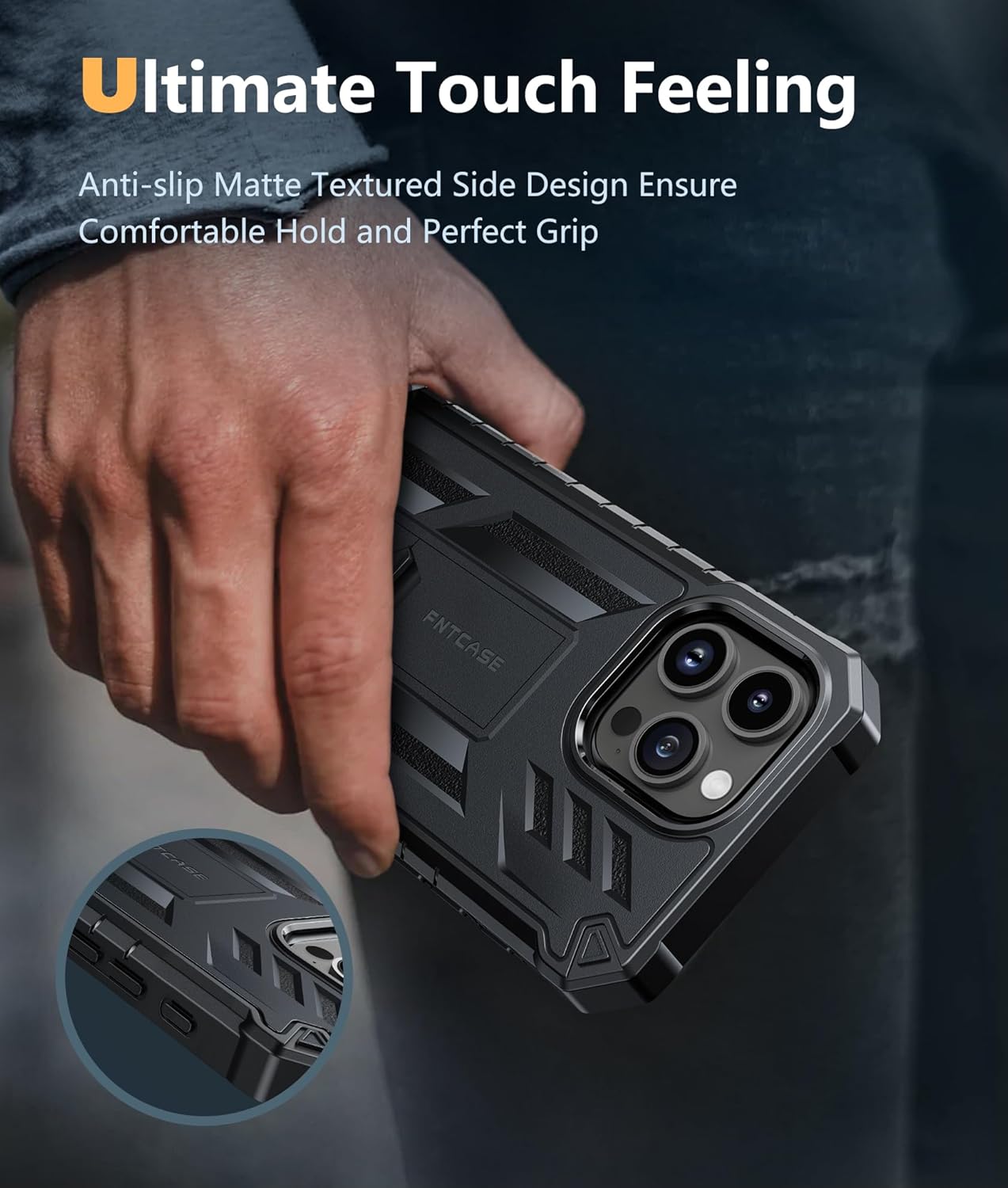 FNTCASE for iPhone 15-Pro-Max Case: Military Grade Drop Proof Rugged Protective Cell Phone Cover with Kickstand & Built-in Protector | Matte Textured Shockproof TPU Hybrid Bumper Cases (Black)