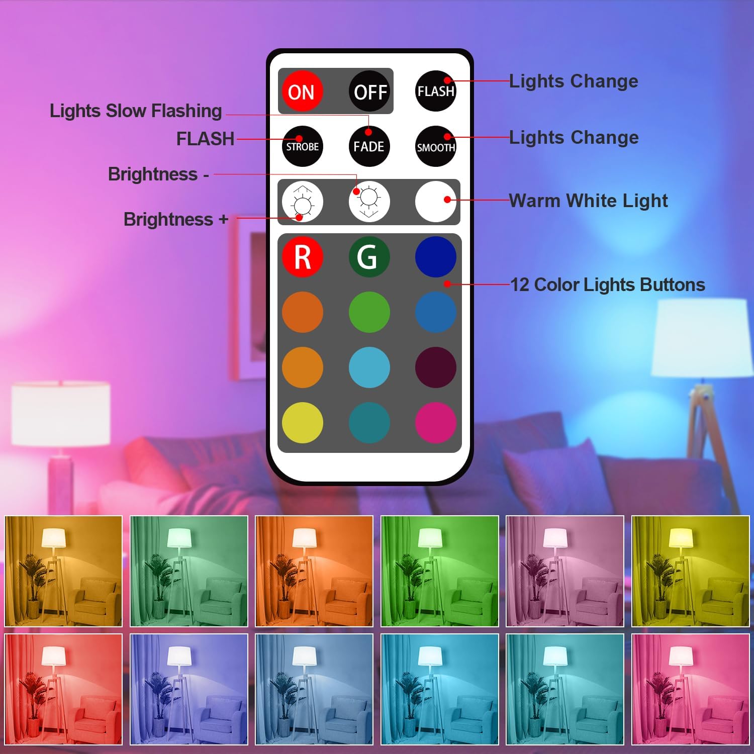 XRise E12 LED Bulb 2.5W Dimmable RGB+Warm White Color Changing with Remote Control Equivalent 25W Halogen E12 Base LED Light Bulbs 3000K 250LM, No Flicker,6 Pack