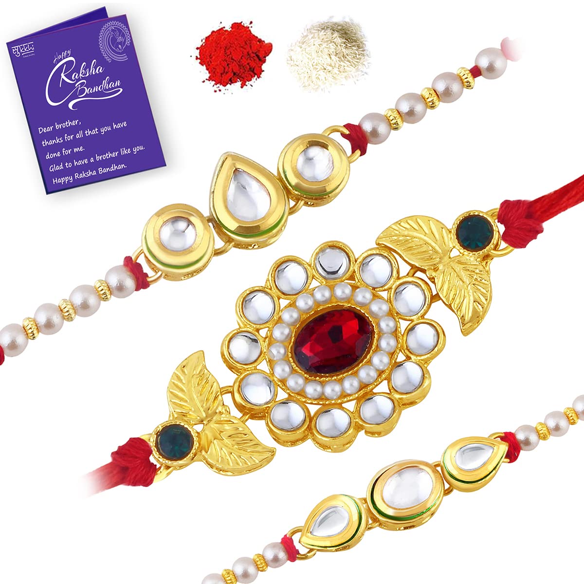 Sukkhi Rakhi Fancy Kundan Rakhi Combo & Designer Gold Plated Premium Rakhi for Brother, Roli Chawal & Greeting Card | Rakhi for Bhaiya | Rakhi for MEN | Kundan Rakhi | Rakhi Combo-Set of 3 CBRAK82919 (B07TM3GDB9) Amazon Price History, Amazon Price Tracker