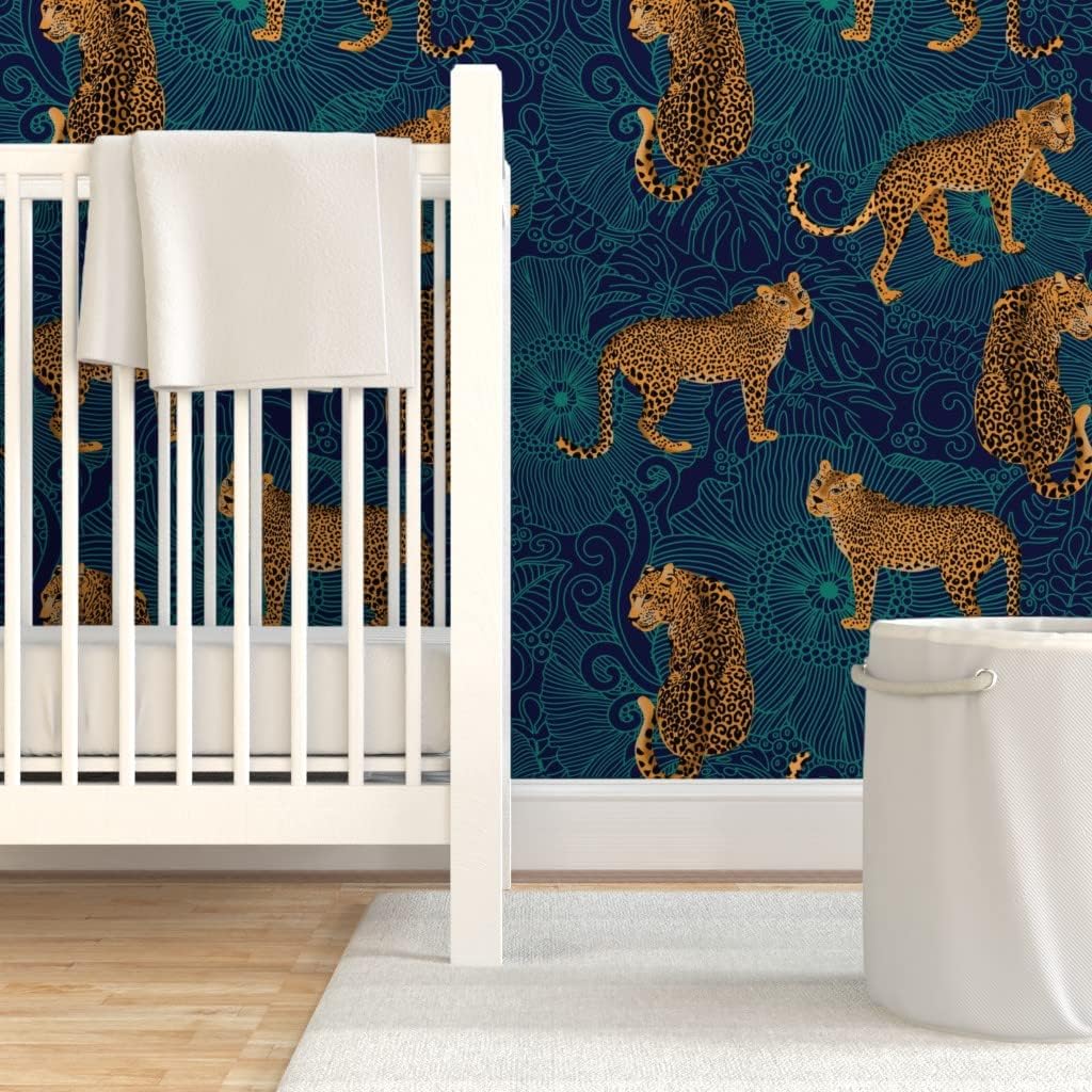 Spoonflower Removable Wallpaper 6ft x 2ft - Maximalist Leopard Jungle Midnight Blue Teal Animals Navy Animalier Custom Pre-Pasted Wallpaper