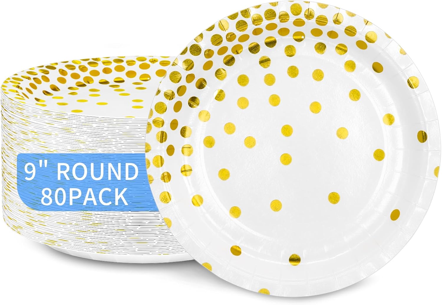 DYLIVeS 80 Count White and Gold Paper Plates, 9 inch Metallic Foil Polka Dots Disposable Dessert Party Plates Cocktail Party Supplies Plates for Birthday, Bridal Shower, Easter, Graduation Decorations