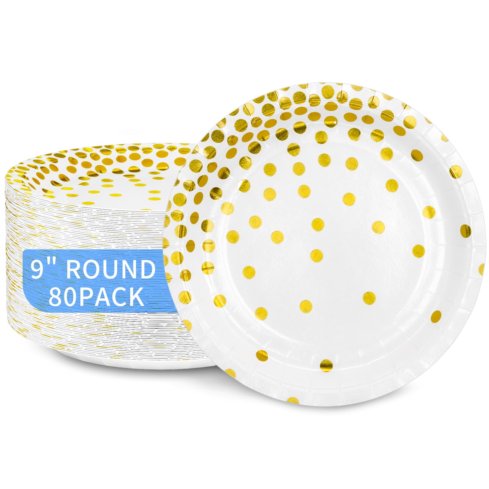 DYLIVeS 80 Count White and Gold Paper Plates, 9 inch Metallic Foil Polka Dots Disposable Dessert Party Plates Cocktail Party Supplies Plates for
