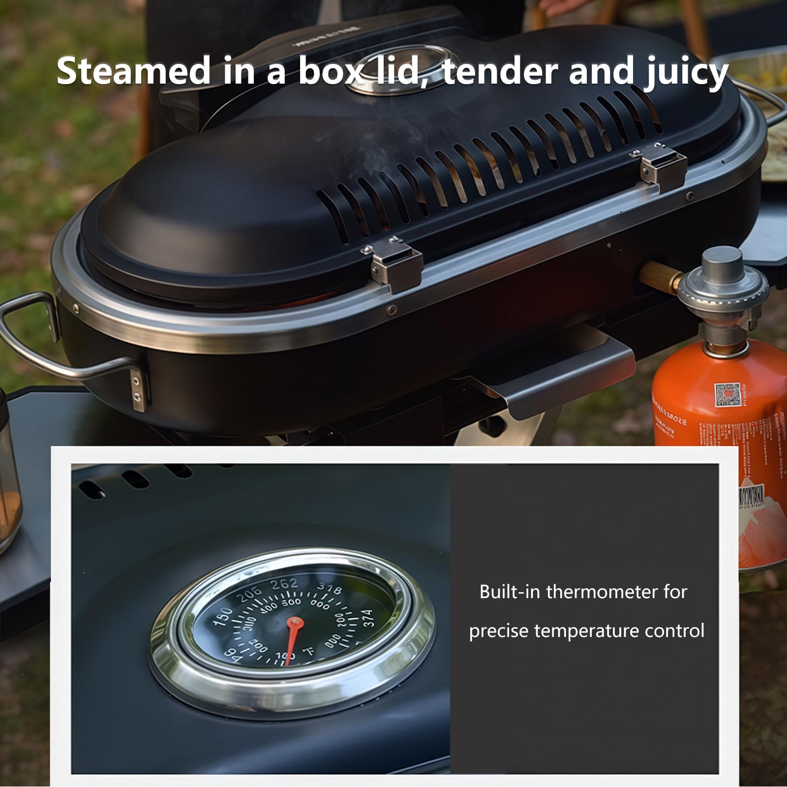 Griglia a gas portatile con doppio bruciatore, design pieghevole, termometro integrato, potenza 2,34 kW, griglie in ghisa per campeggio e cucina in giardino