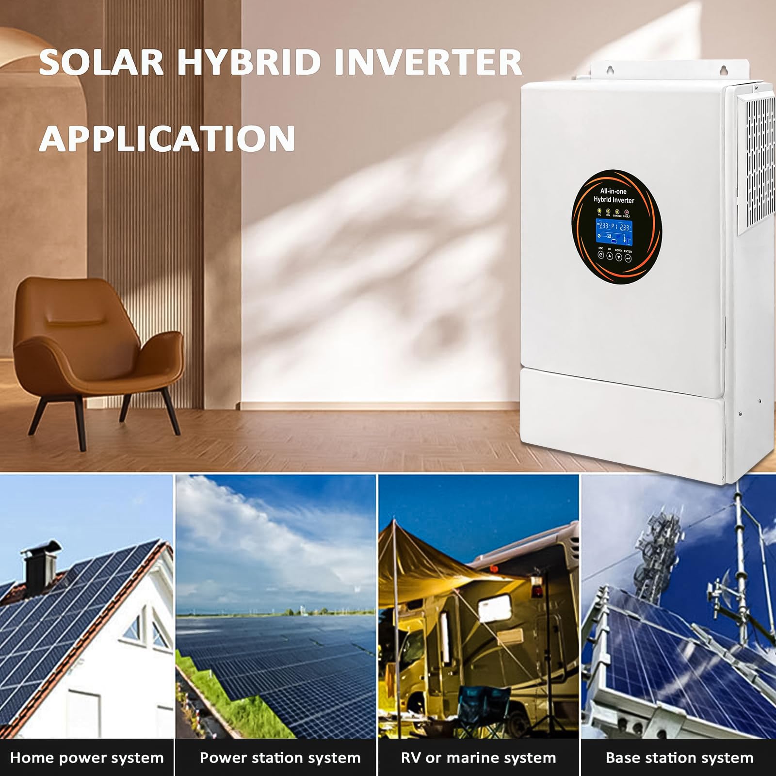 Inverter Ibrido Solare 5500W 48V, Uscita Onda Sinusoidale Pura 120V/240V con Caricatore MPPT 120A, Caricatore di Rete/Gruppo Integrato per Accumulo e Backup