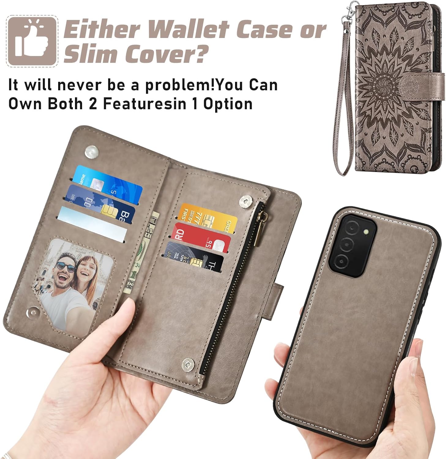 Phone Case for Samsung Galaxy A03s US Version 5G 2022 Zipper Wallet Magnetic Detachable Cover with Screen Protector Crossbody Lanyard Strap Flip Card Holder Slot Ao3s A 03s SM-A037U SM A037U Gray