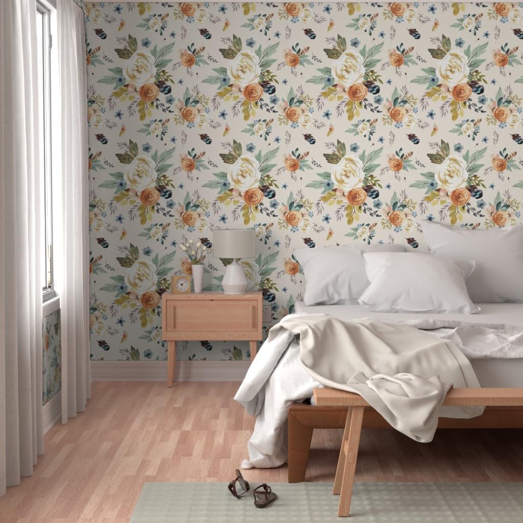 Removable Wallpaper 9ft x 2ft - Western Autumn Florals Ivory Rustic Floral Watercolor Boho Chic Feather Woodland Girly Custom Pre-Pasted Wallpaper by Spoonflower
