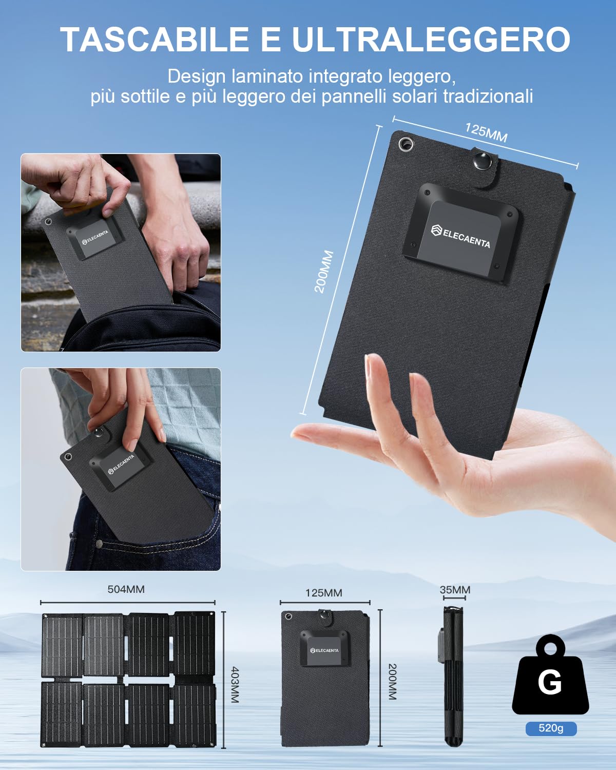 Carica 25W Elettaenta Solar Charger Foldabile IP68 Waterproof USB A C - Dettaglio