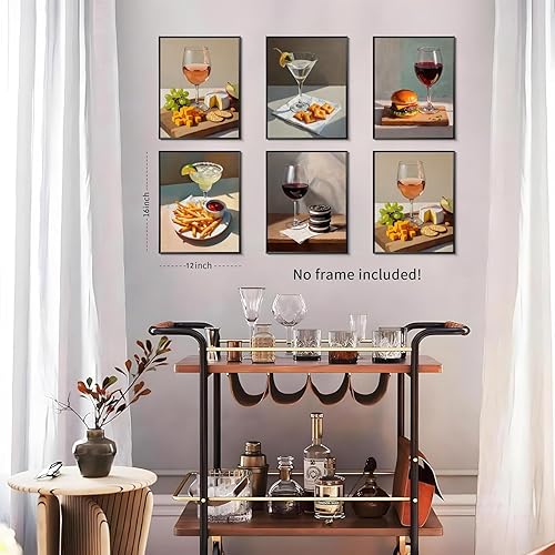 Miniatura 6 de Juego de 6 pósteres de cóctel de moda, impresiones de galletas de Martini y Queso, accesorios de decoración retro de cóctel, arte de pared de vino