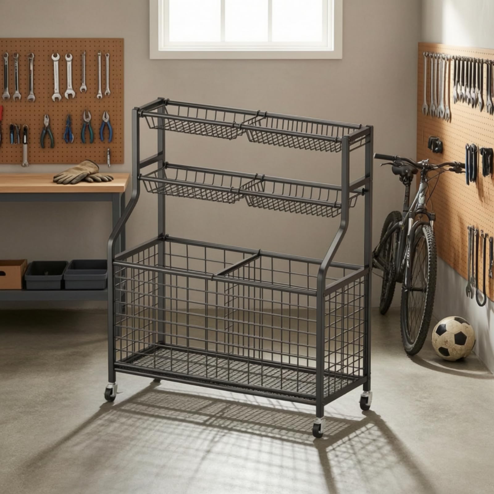Amagogo Scaffale Porta Palloni Carrello Scaffalatura Organizzatore Contenitore in Acciaio al Carbonio con Cestelli a Rete Traspirante Struttura Robusta E