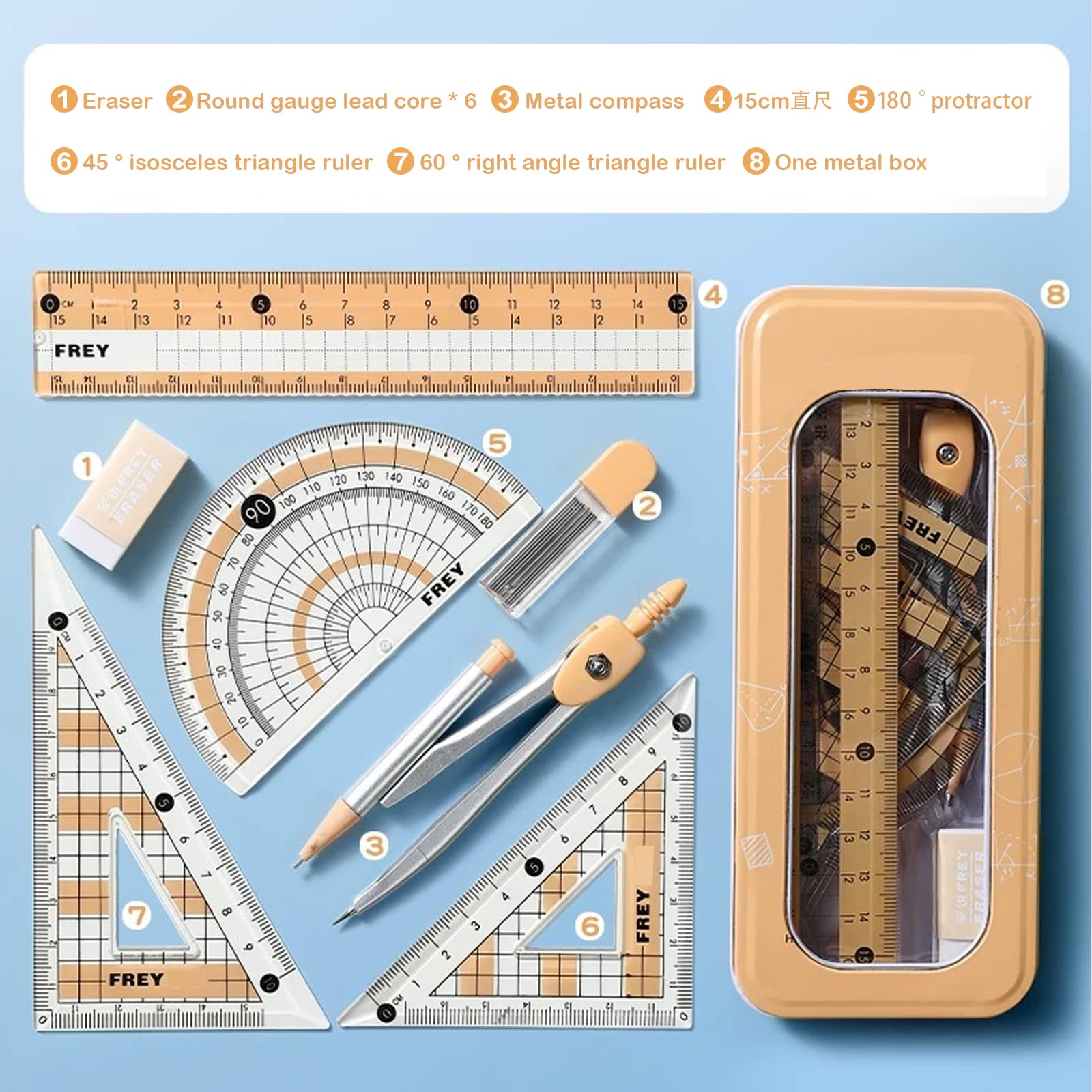Oligitdi 7-Piece Geometry Set, Includes Ruler, Protractor, Set