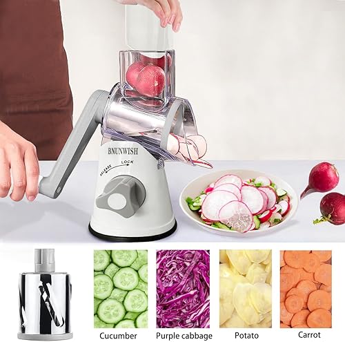 Miniatura 2 de BNUNWISH Rallador de queso giratorio de mano, 3 cuchillas de tambor intercambiables, rallador de queso, rebanador de verduras, molinillo de nueces,