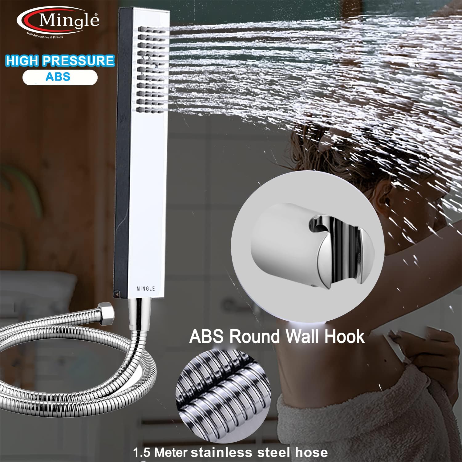 Mingle Mirror Stainless Steel 304 Square Shower Ultra Slim High Pressure Rainfall Shower Head for bathroom With Arm Shower (Pack of 1) (10 INCH + 12 INCH AM + HAND SHOWER) 3