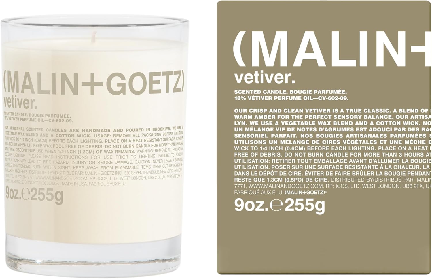 Malin + Goetz Vetiver Candle, 9 oz. – Vetiver Scent Perfume, Scented Candle, Pure Vegetable Wax Mix, Vegan & Cruelty Free, Single Wick Candle, Lasts 60 Hours