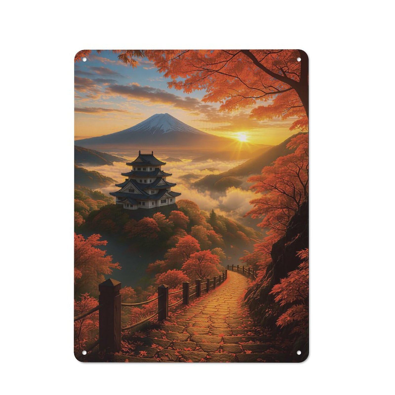 Junmoney Style-14 Retro Metal Wall Sign 40X30cm Featuring Mount Fuji And Japanese Castle At Sunset For Pub Or Café, For Garage, Workshop And Man Cave Decoration