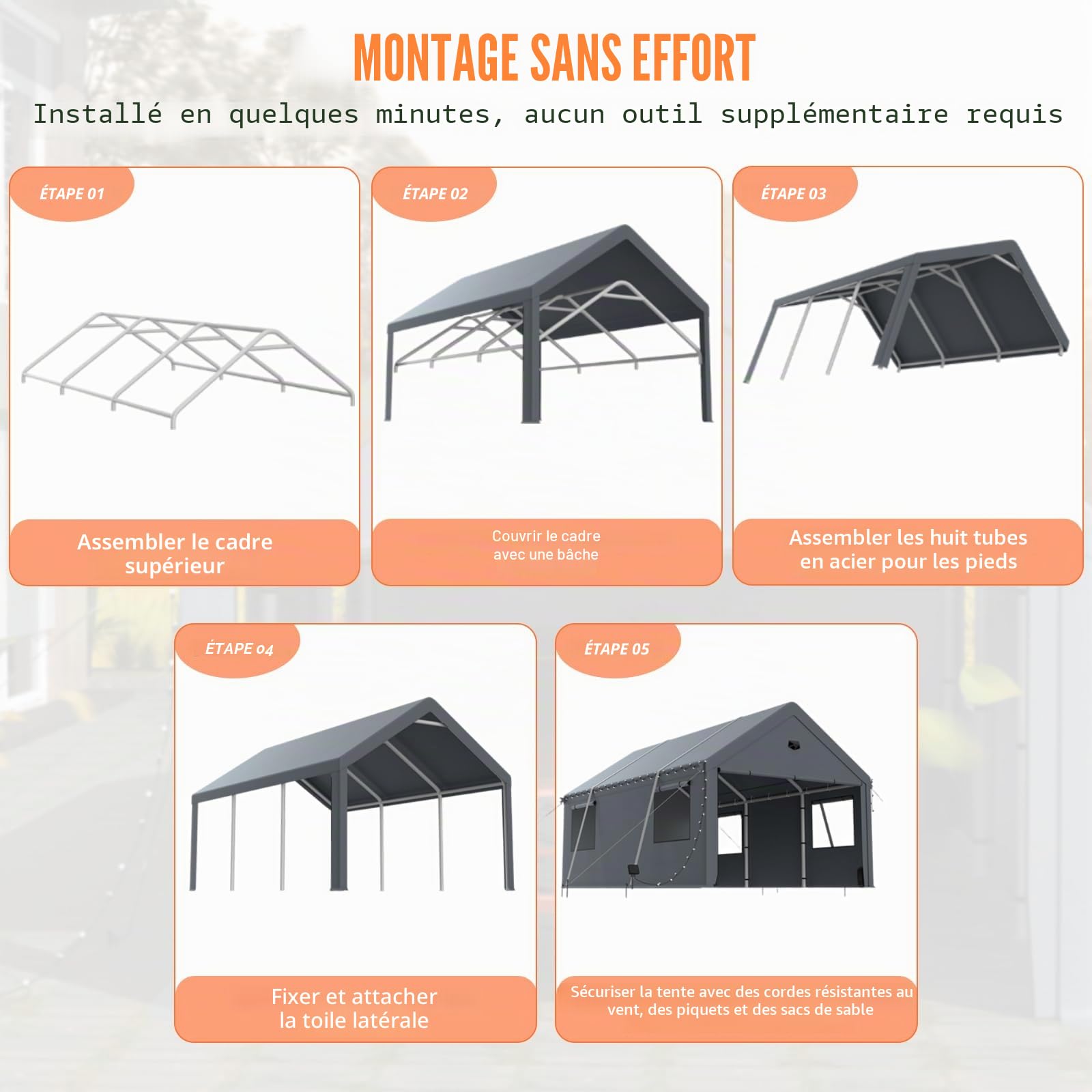 Carport Tente de garage extra large résistante à l'hiver 3,6 x 6 m avec fenêtre enroulable pour voiture, SUV, bateaux et camions – Parois latérales et toit amovibles