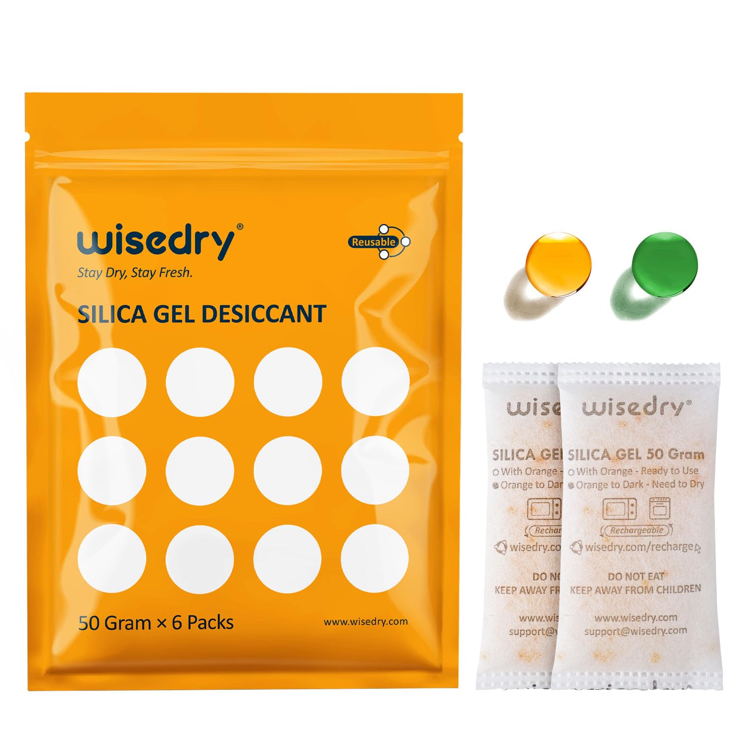 wisedry 50 Gram [6 Packs] Rechargeable Silica Gel Desiccant Packets Desiccant Bags Orange to Green indicating for Air Dryer Moisture Removal, Food Grade