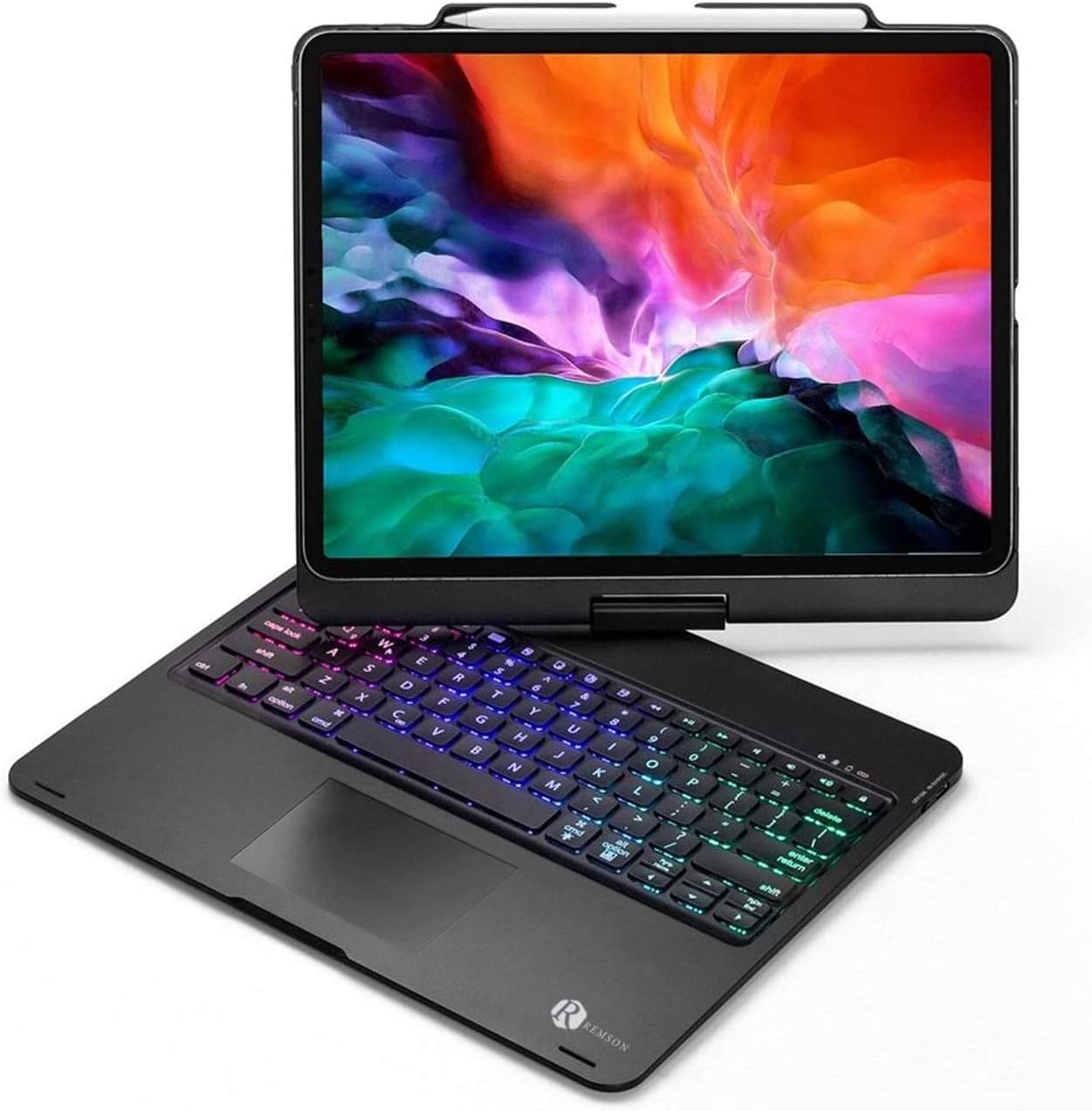 REMSON7 Color Backlit Wireless Bluetooth Keyboard Case with Touchpad for Apple Ipad Pro 12.9 2018 / Ipad Pro 12.9 2020 English/Arabic Keyboard