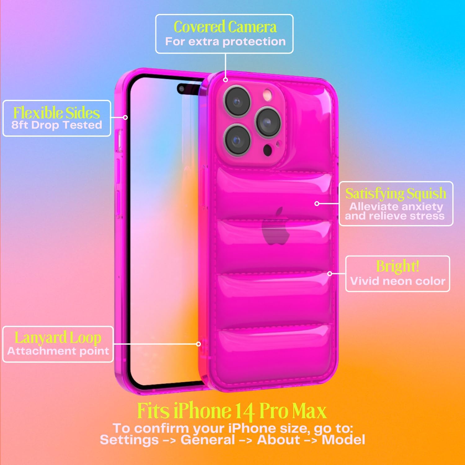 FELONY CASE for iPhone 14 Pro Max - Neon Pink Puffer Case, Clear Cushioned Bright Cover with Shockproof Bumper - Flexible and Lightweight Protective Case - Full iPhone and Camera Protection