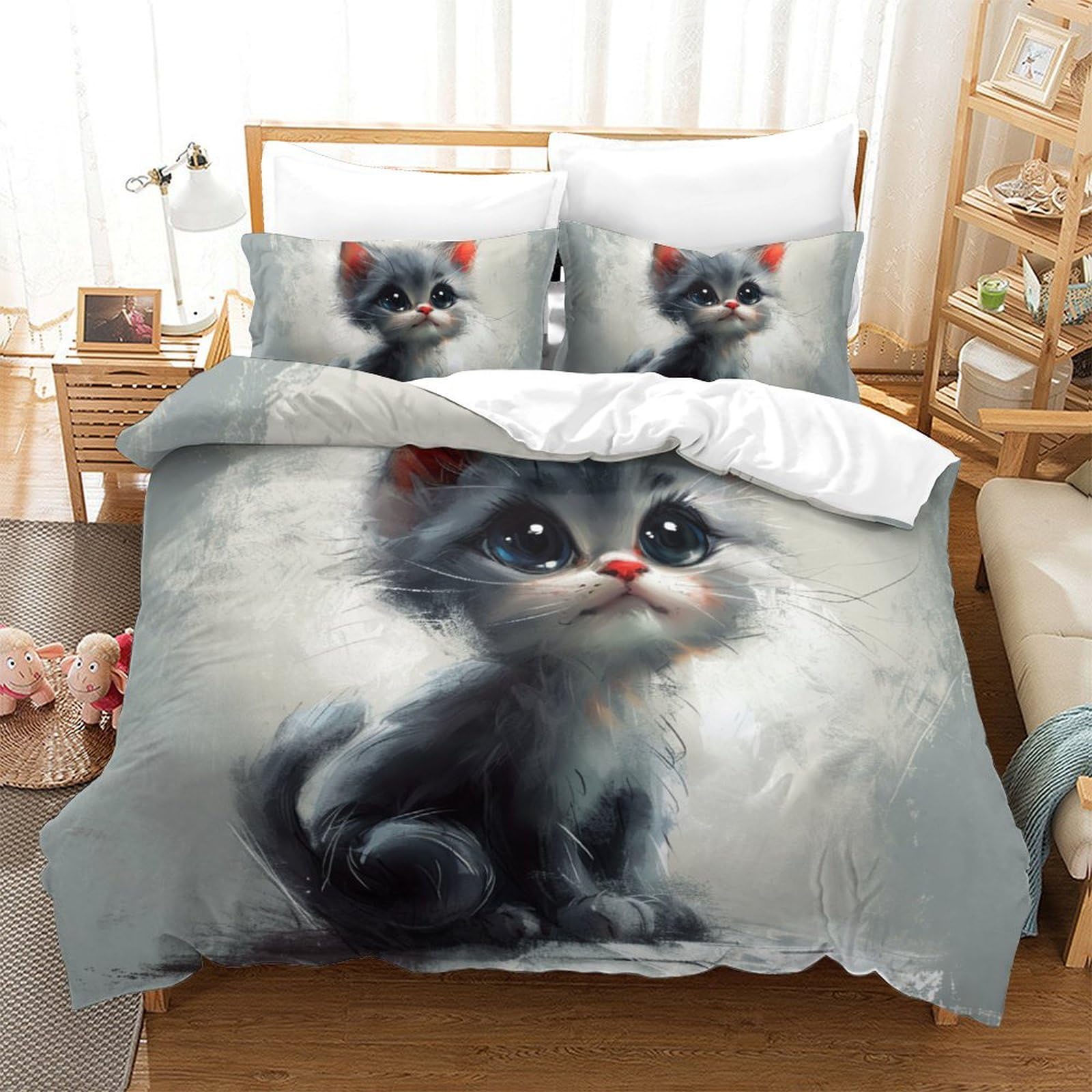 Housse de couette chat 3D 220x240 cm en microfibre avec 2 taies d'oreiller