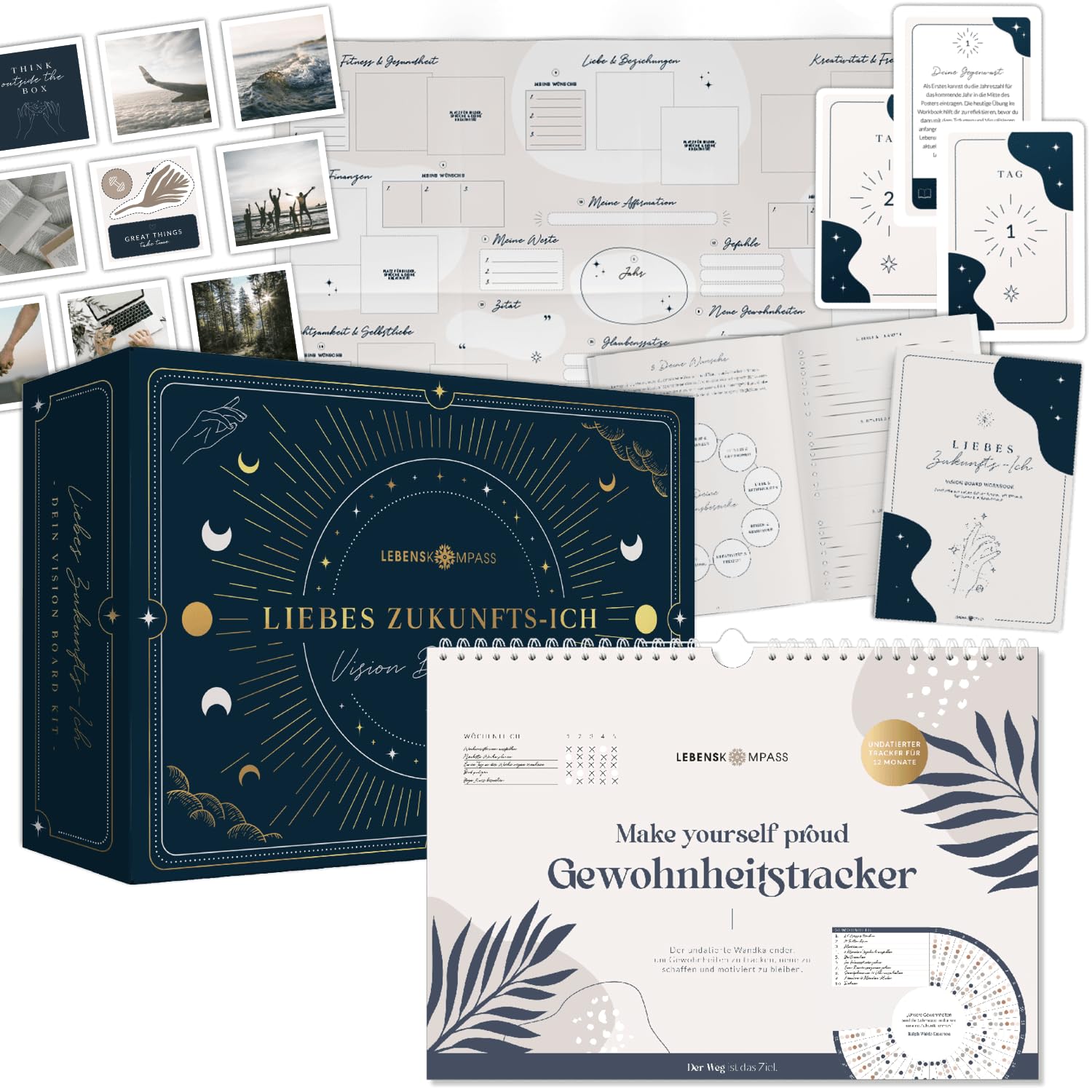 Lebenskompass Habit Tracker + Vision Board Set - 12 Monate Gewohnheitstracker - visualisiere das Leben Deiner Träume mit dem Visionboard "Liebes Zukunfts-Ich" - Geschenke für Frauen & Männer, FreundIn