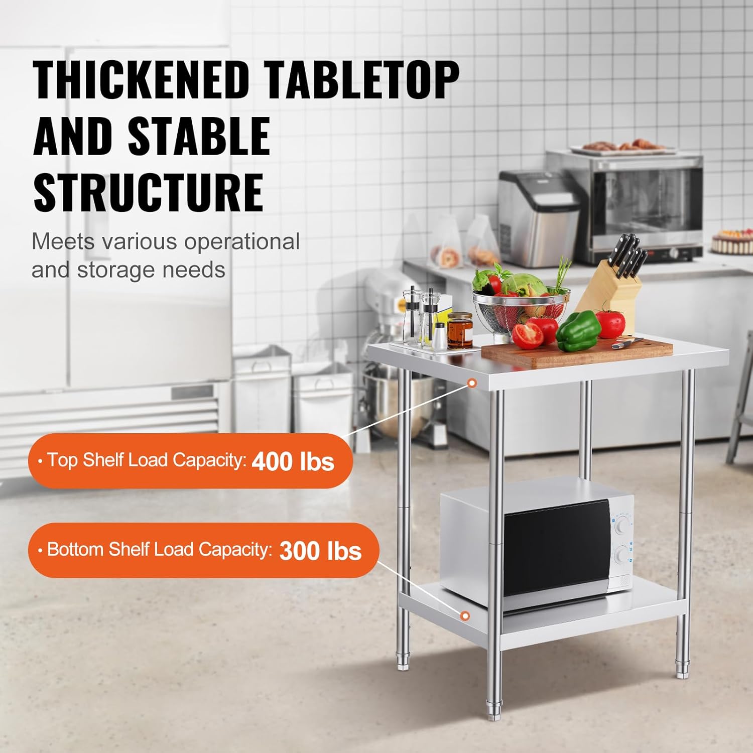 Happybuy Stainless Steel Prep Table, 24 x 30 x 34 Inch, 700 lbs Capacity, Heavy Duty Metal Worktable with 3 Adjustable Heights, Commercial Kitchen Garage Restaurant Workstation