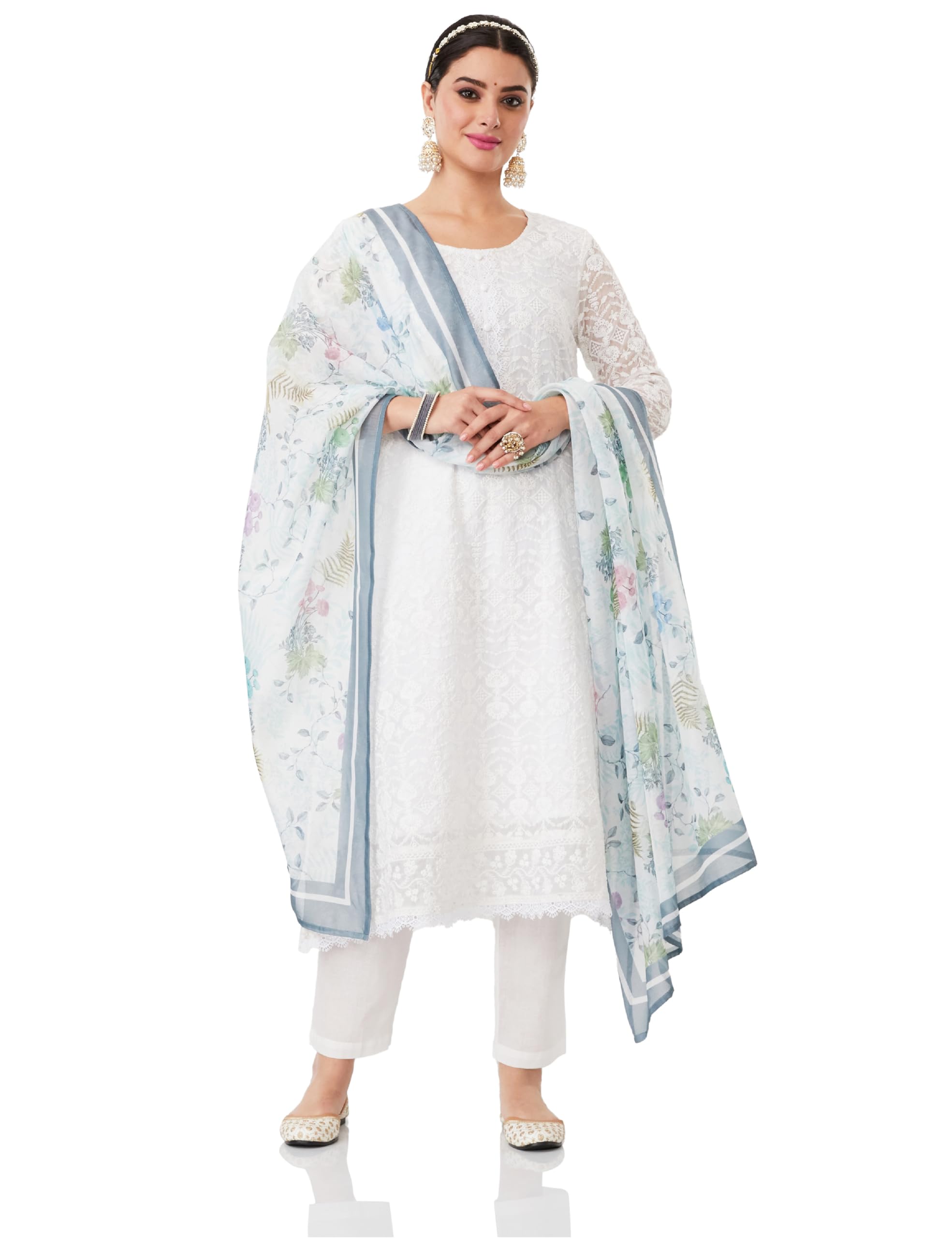 Amazon Brand - Myx Women's Chikankari A-Line Kurta Pant Set with Dupatta (Available in Plus Sizes) Organza