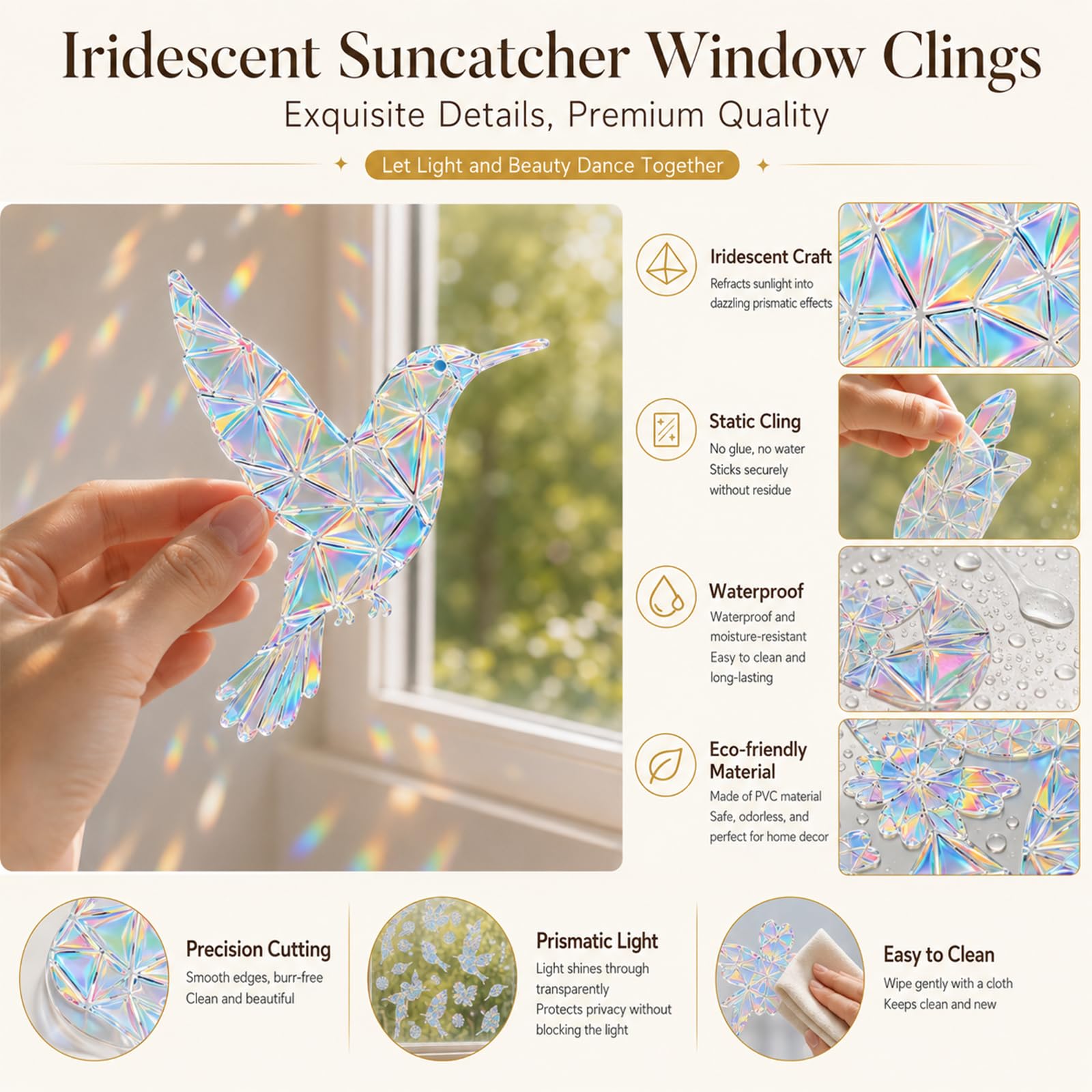 Simpeak Autocollants de Fenêtre Prisme, Attrape-Soleil Adhésifs Vitre, Stickers Muraux PVC Anti-Collision, Décorations Transparentes pour Salle à Manger Chambre, 2 Feuilles (Petit oiseau)
