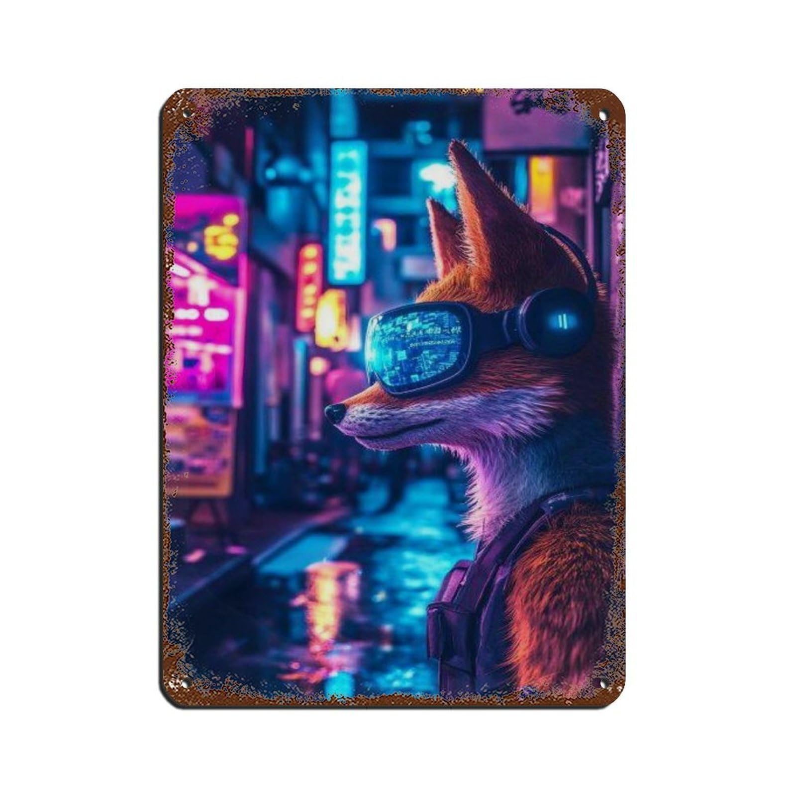 Cyberpunk Fox, Futuristic Animal Decor Tin Sign Vintage Metal Pub Club Cafe Bar Home Wall Art Decoration Poster Retro 12x16inch(30x40cm)