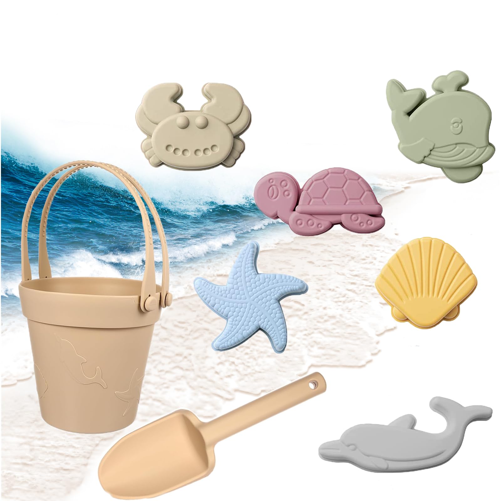 Ieron 6 Pcs Silicone Beach Toys for Boys and Girls Ages 14+ Adults, Bucket and Shovel Beach Set -Won't Break Like Plastic Beach Toys - Collapsible Beach Bucket, Shovel & Accessories