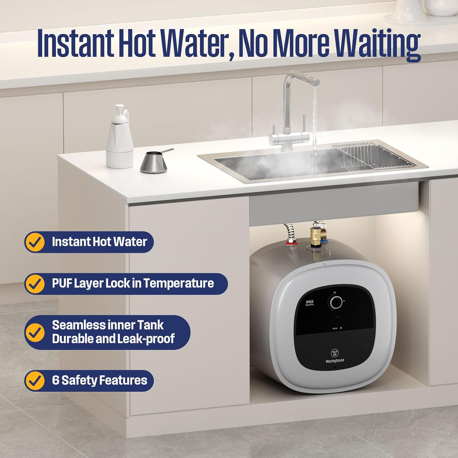 Westinghouse 8 Gallon Electric Mini Tank Water Heater, 120V, 1440W Instant Hot Water for Point of Use, Compact Under Sink & RV Design, Easy Wall/Floor Mount, UL Listed (Gray)