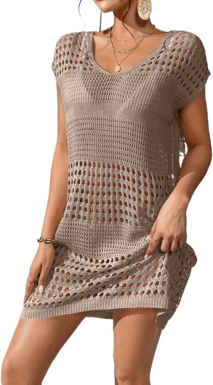 swimsuit coverup for women Short Sleeve Hollow-Out Knit Cover Up Dress