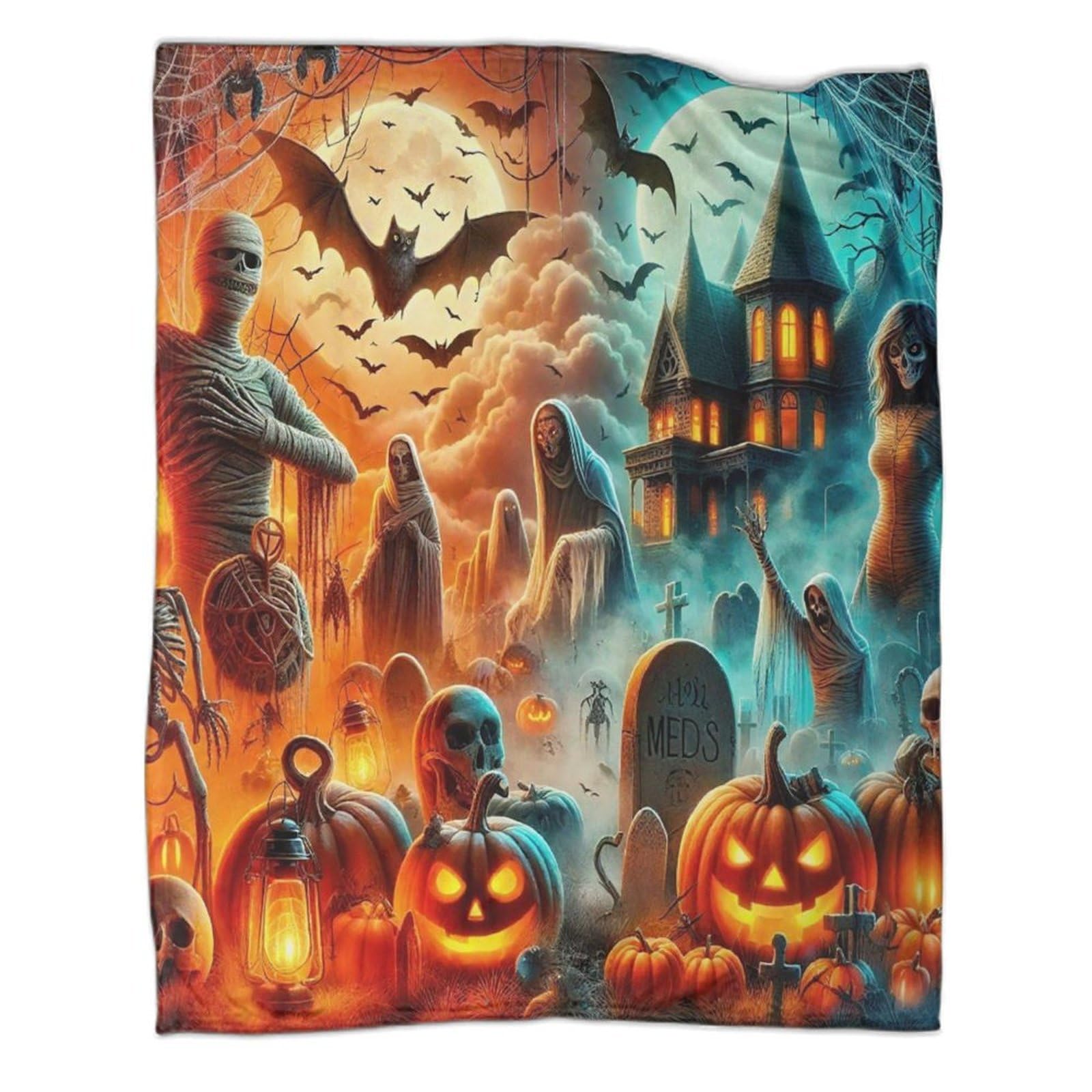 Couverture cadeau Halloween douce flanelle motif château pour enfants et adultes