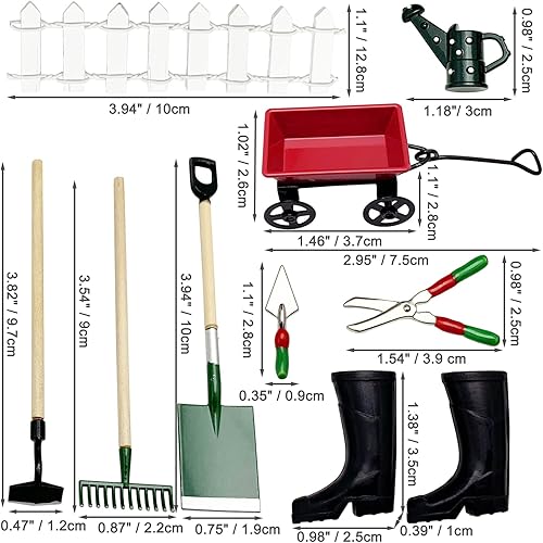 Miniatura 3 de Herramientas de cultivo de jardín de hadas en miniatura, 9 paquetes 1:12 Mini rastrillo de mano de metal con pala de metal, hervidor, valla de