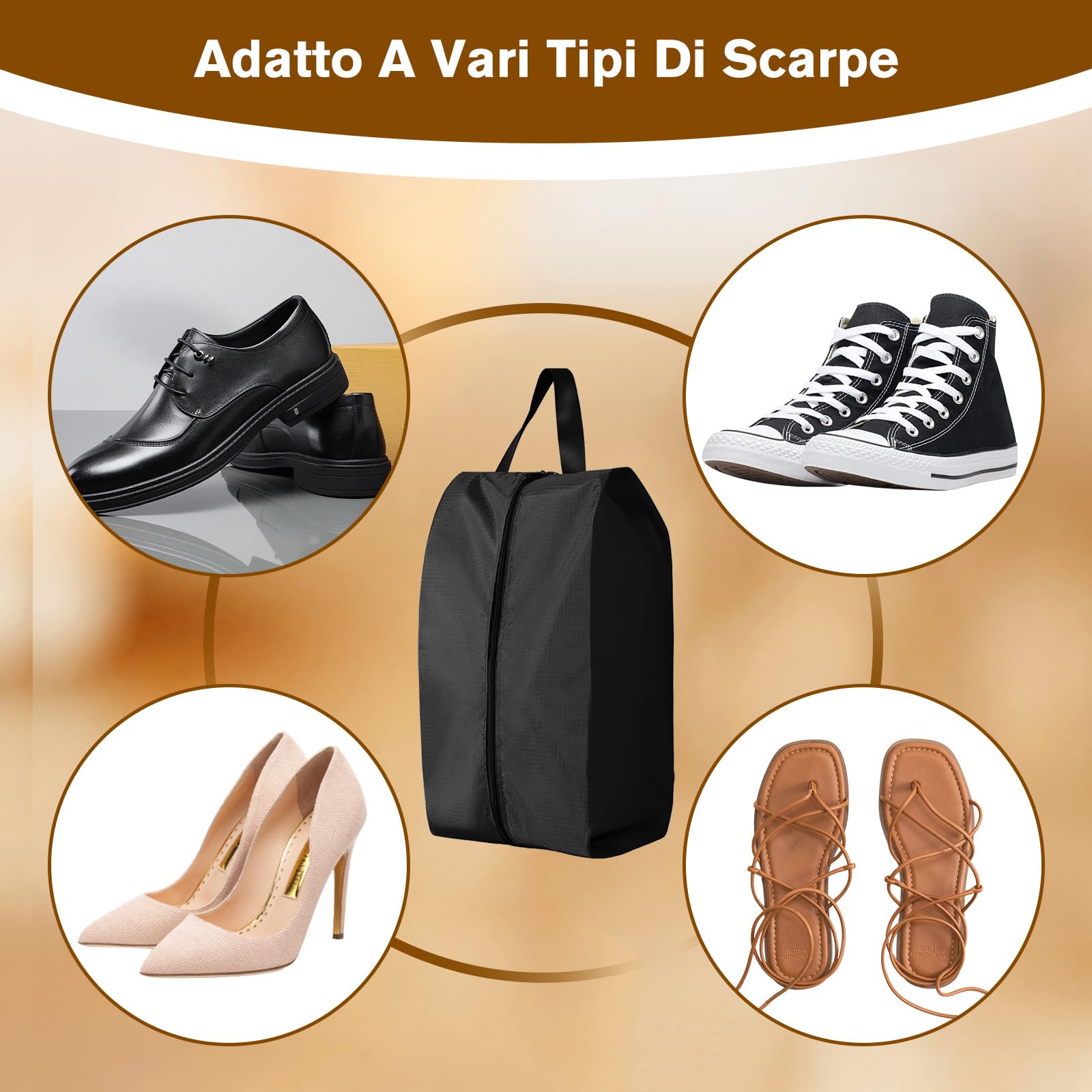 VEGCOO 5 Pezzi Sacchetti Porta Scarpe Impermeabili per Viaggio, 42cm Borse da Viaggio Portatili Unisex con Chiusura a Zip, Organizer per Scarpe per Sport e Vacanze, Nero
