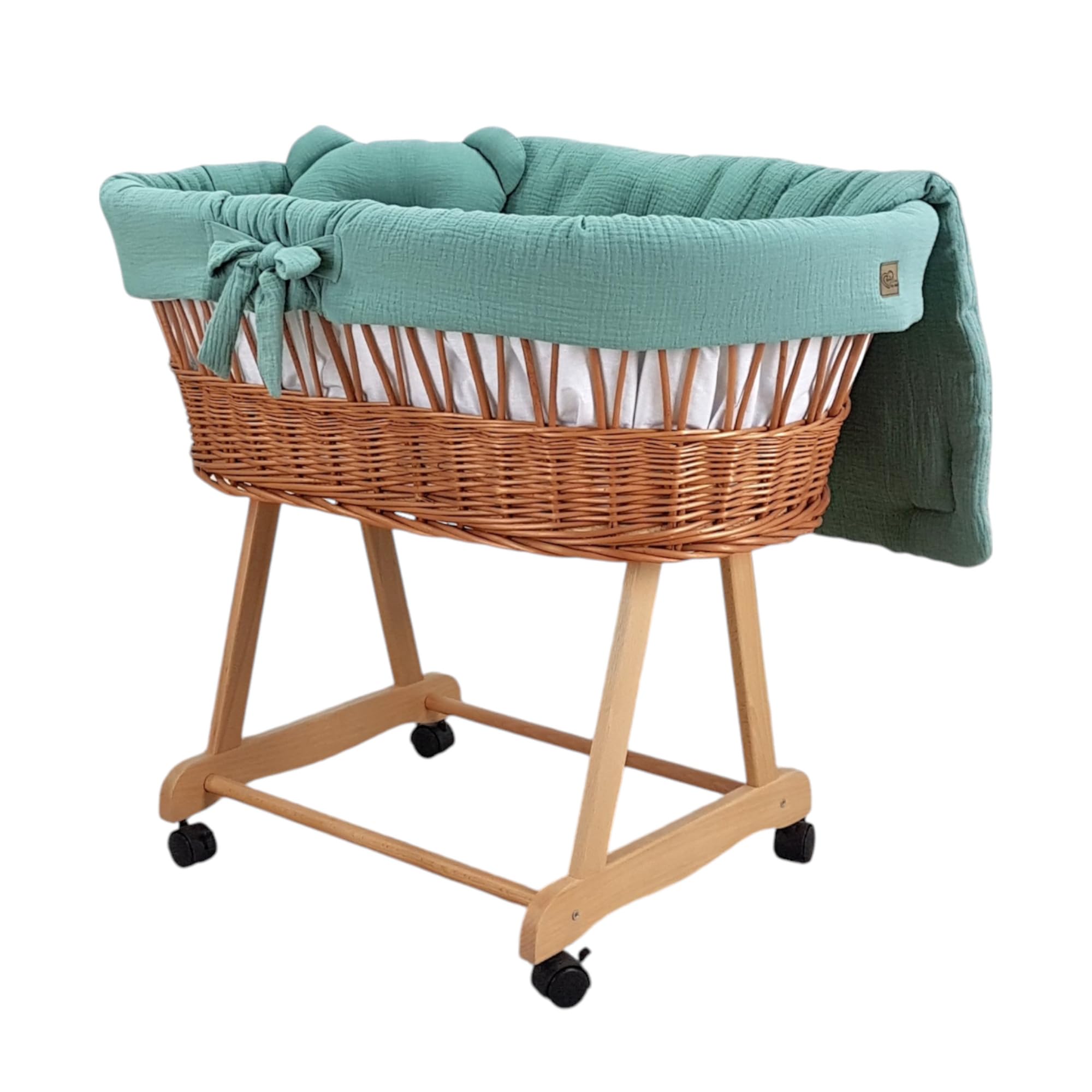 Stubenwagen Baby mit Rollen & Bremse – Moseskorb aus Naturweide inkl. Matratze & Khaki Bettwäsche aus 100% Baumwolle Oeko-Tex – sicher & mobil – Modell Amelia