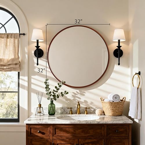 Miniatura 129 de HOMECOOKIN Espejo de pared redondo de 32 pulgadas, espejo circular dorado para baño con marco de metal, espejo dorado redondo para decoración