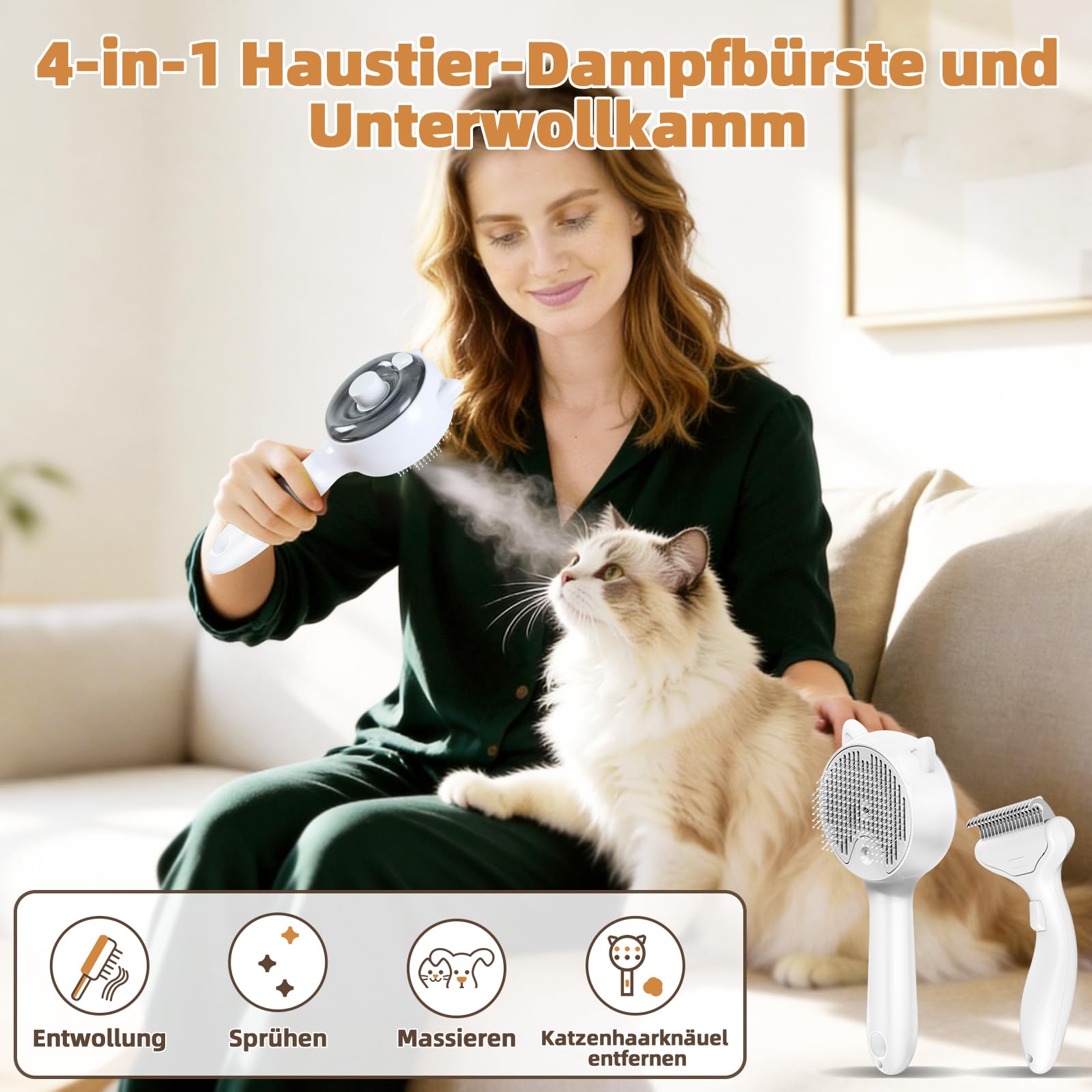 Brosse à chat à vapeur 2 en 1 & Retire-Underpoil, Soin animal pro, Brouillard froid 2 niveaux, Démêlage & Massage, USB rechargeable, Grand réservoir, Chiens & chats poils longs/courts