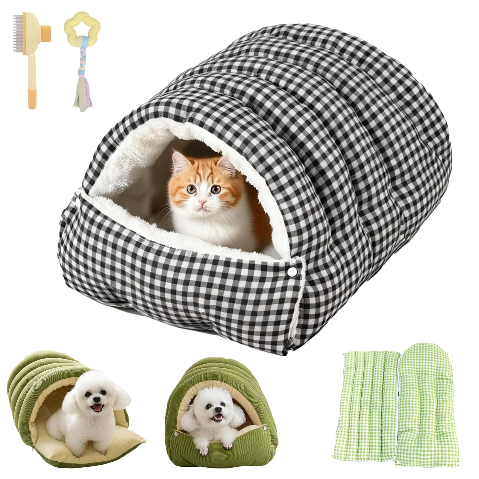 fjaldjfu Cozy Monster Cat Bed, Soft and Warm Pet Cave for Indoor Cats, Removable and Washable Winter Closed-Off Cat Bed, Dual-Purpose Small Dog Nests, for Cats, Kittens and Small Dogs (Black Check,M)