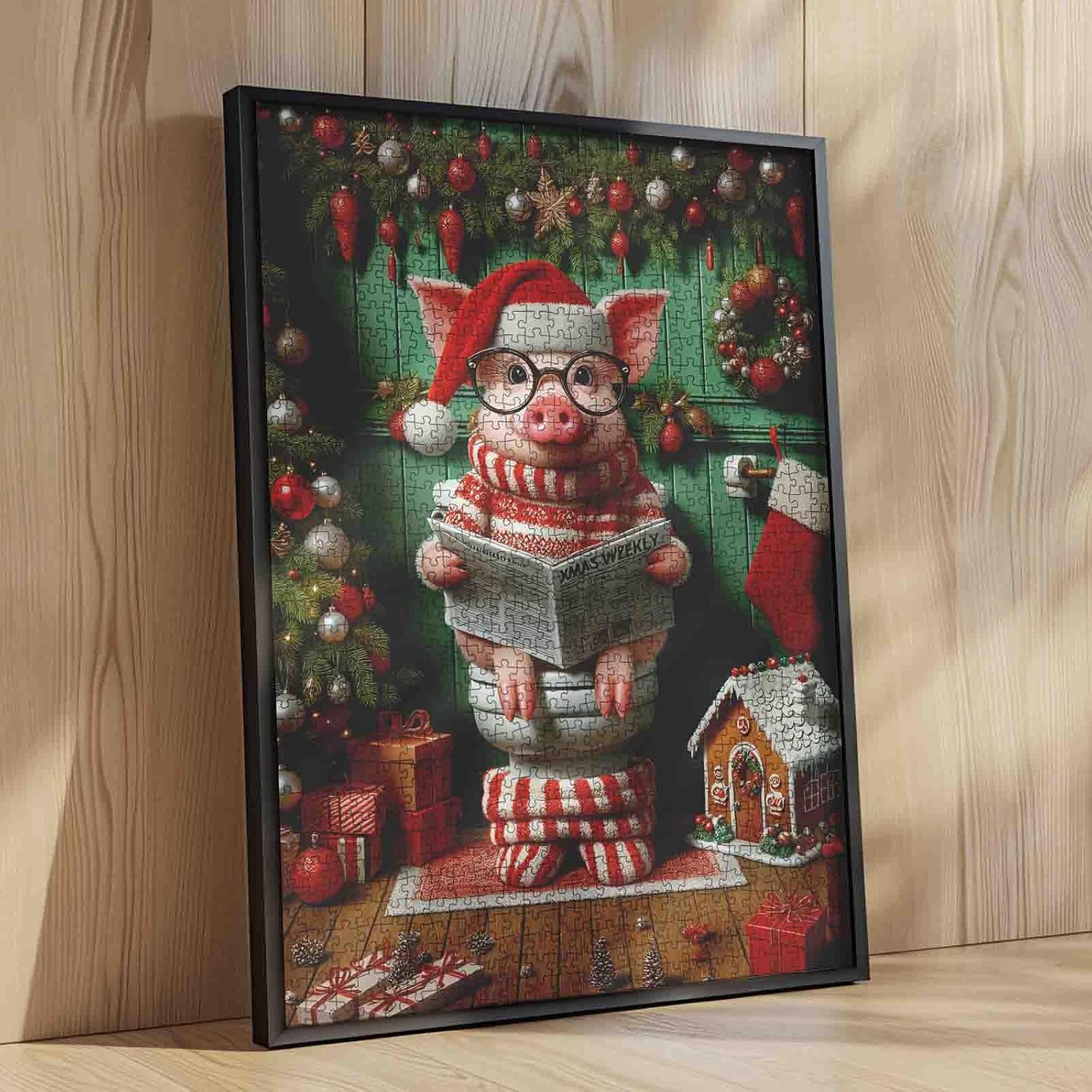 Christmas Cute Pig Puzzle 1000 Pieces for Adults, Funny Animal on Toilet Jigsaw Puzzle, Challenging Indoor Games Puzzles Colorful DIY Craft Home Decor Xmas Gift for Adults Families 20 x 27 Inches
