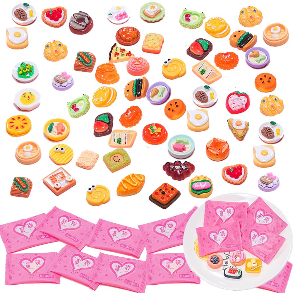 50 PCS Miniature Food Blind Bags ,Mini Food Mixed Resin Mini Pretend Foods Play, 1:12 Scale Miniature Dolls House Food Accessories, Play Kitchen Game Party Blind BagsToys