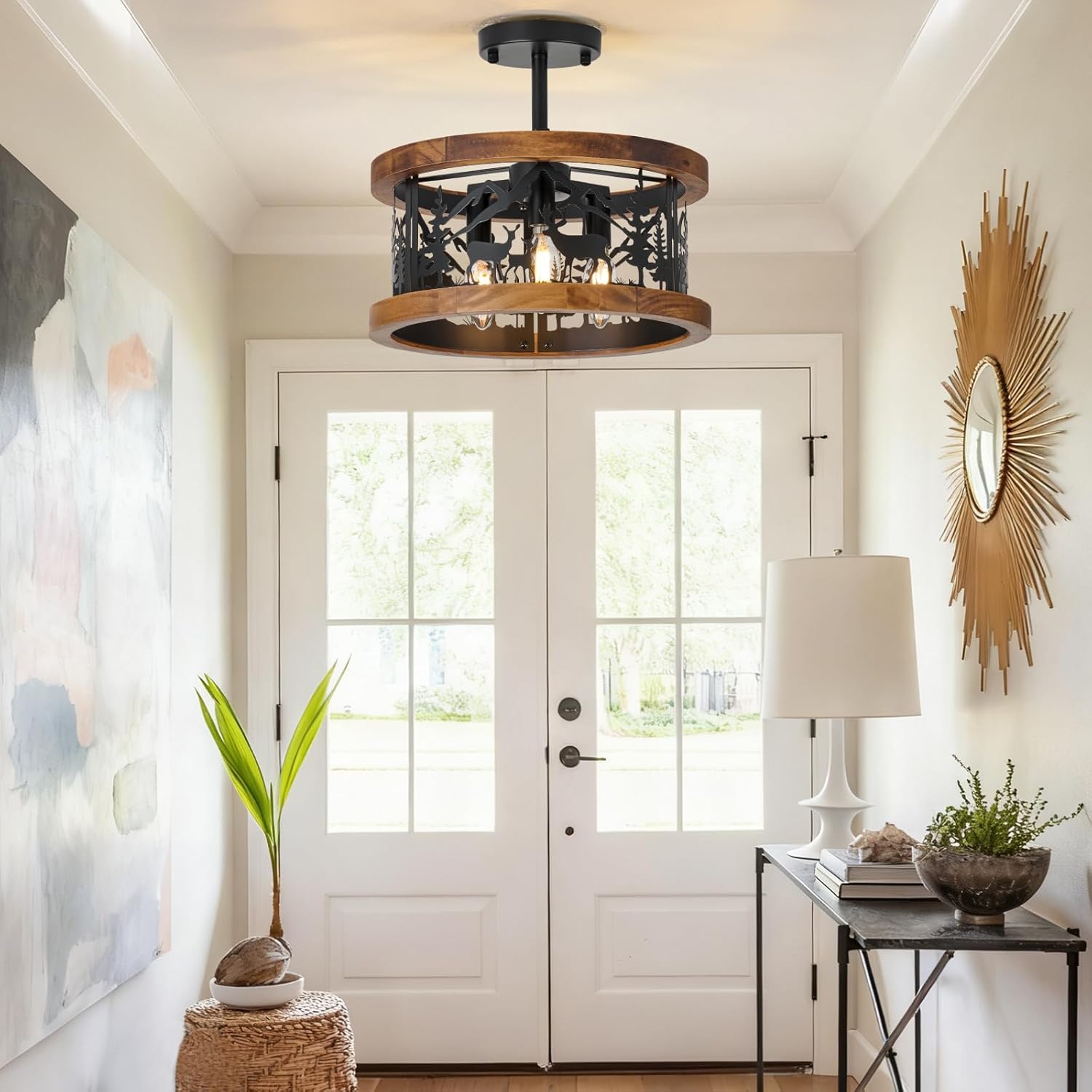 Rustic Semi-Flush Mount Ceiling Light - Deer Bear Design, 3-Light Round E12 Base Black Metal and Wood Fixtures for Kitchen, Living Room,Foyer, Bedroom, Hallway(Bulbs not Included)